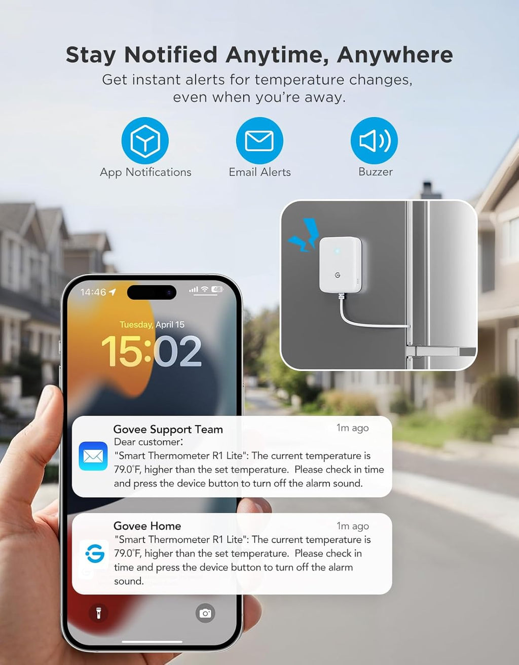 Goveelife Wifi Refrigerator Thermometer Sensor With Alarm, 2-Pack & Gateway | Monitor Fridge/Freezer Temp Remotely With App Alerts & Buzzer 230Ft Range. For Kitchen/Hot Tub, Only Support 2.4G Wi-Fi