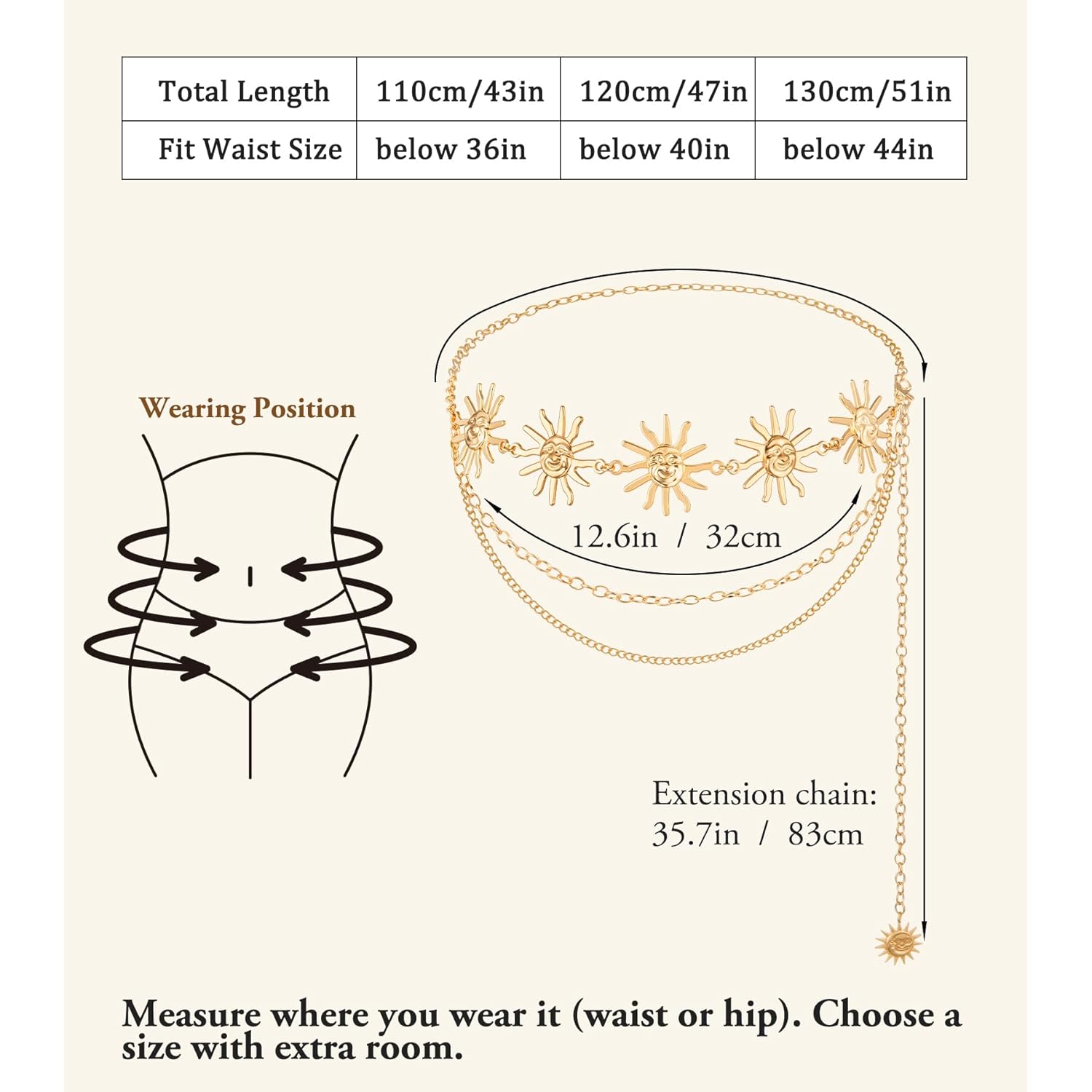 Nackiy Western Chain Belts for Women, Gold/Silver Boho Cowgirl Waist Belt, Sizes 43/47/51in, Dress & Jeans Accessory