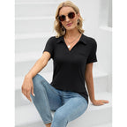 Womens V Neck Polo Shirts Short Sleeve Collared Tops Loose Casual Tunic Blouses with Pocket