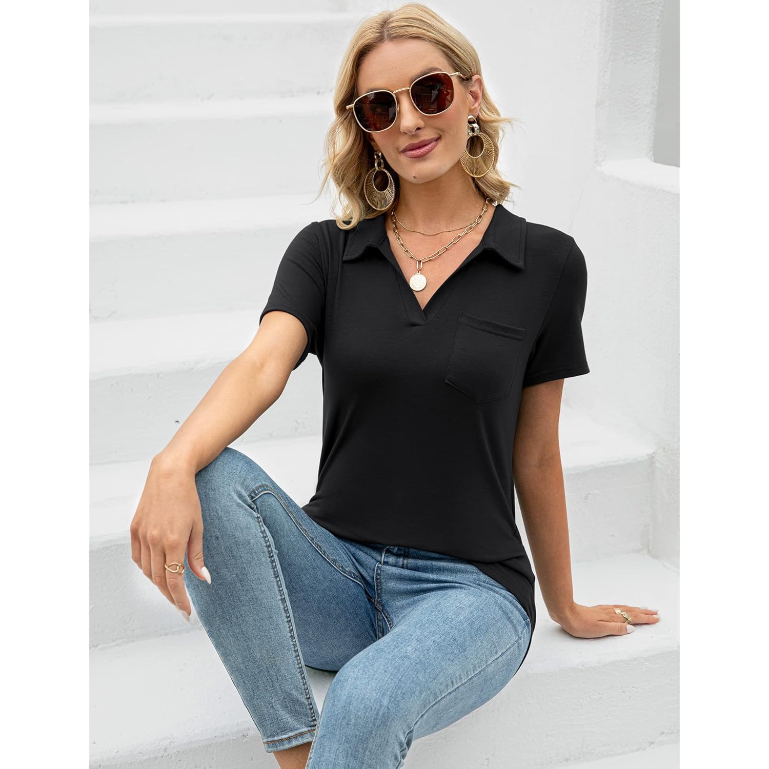 Womens V Neck Polo Shirts Short Sleeve Collared Tops Loose Casual Tunic Blouses with Pocket