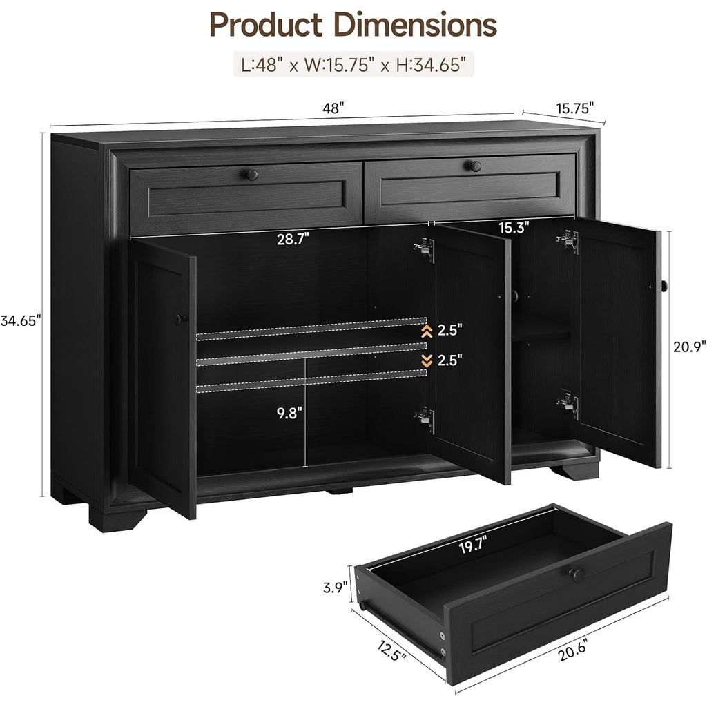 48 Inches Sideboard Buffet Cabinet With Storage, Farmhouse Sideboard With 2 Drawers And 3 Doors, Wood Coffee Bar Cabinet With Adjustable Shelves For Living Room, Kitchen, Hallway, Black