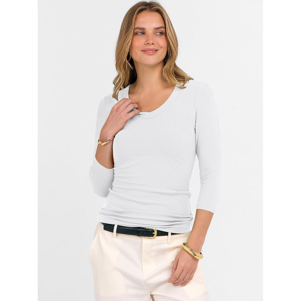 Anrabess Womens 3/4 Length Sleeve Ribbed Knit Tops&Shirts, V Neck Slim Fit Soft Medium Stretch, Summer Casual Basic Outfits