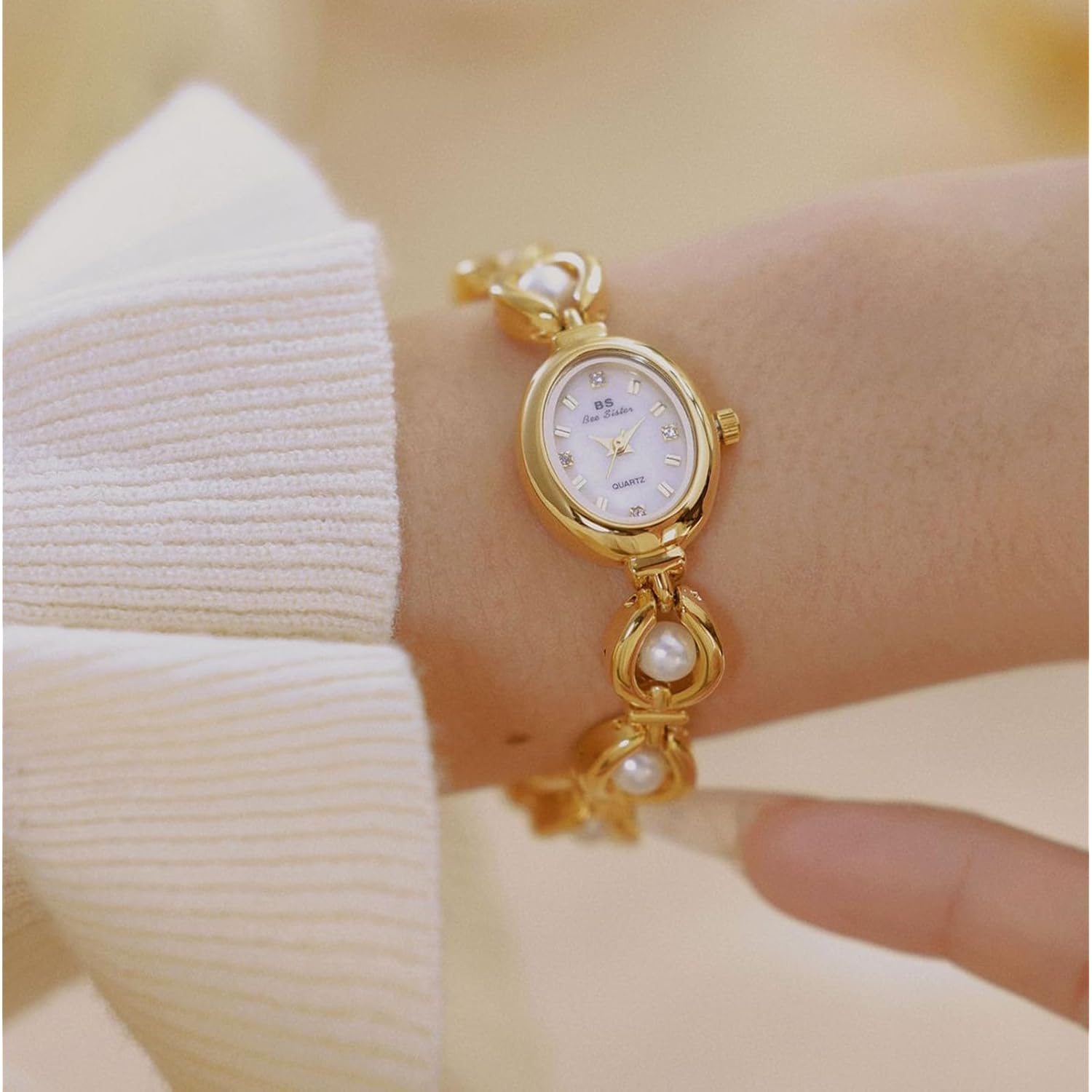 Gosasa Vintage Pearl Bracelet Watch For Women Elegant Small Oval Dial Jewelry Waterproof Dainty Ladies Gift Watch For Mom Wife