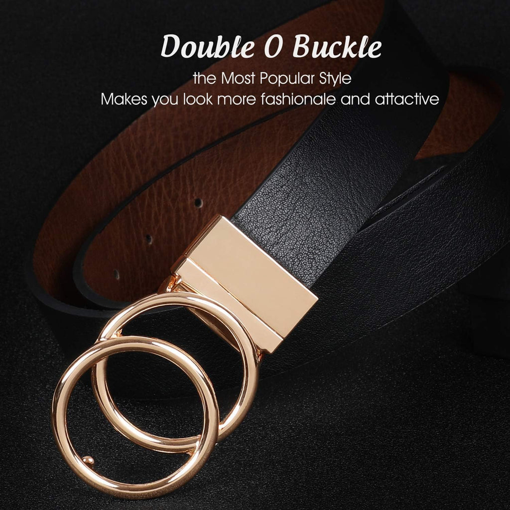 JASGOOD Women Leather Belt,Reversible Belt,Leather Waist Belt for Jeans Dress with Gold Double O Ring Rotate Buckle