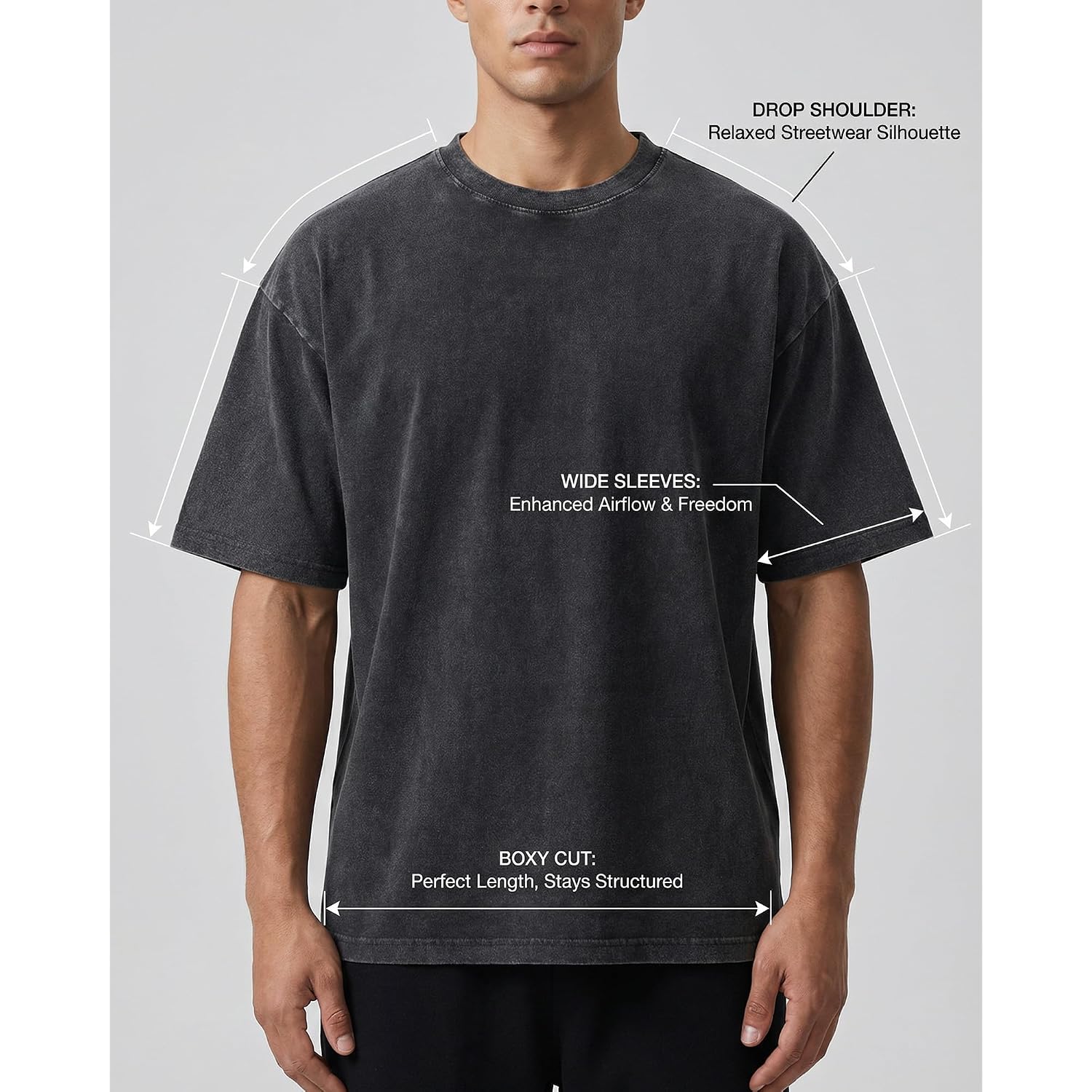 Men'S Oversized T-Shirts Heavyweight Cotton, Unisex Vintage Acid Wash Drop Shoulder Baggy Fit Tee Tops