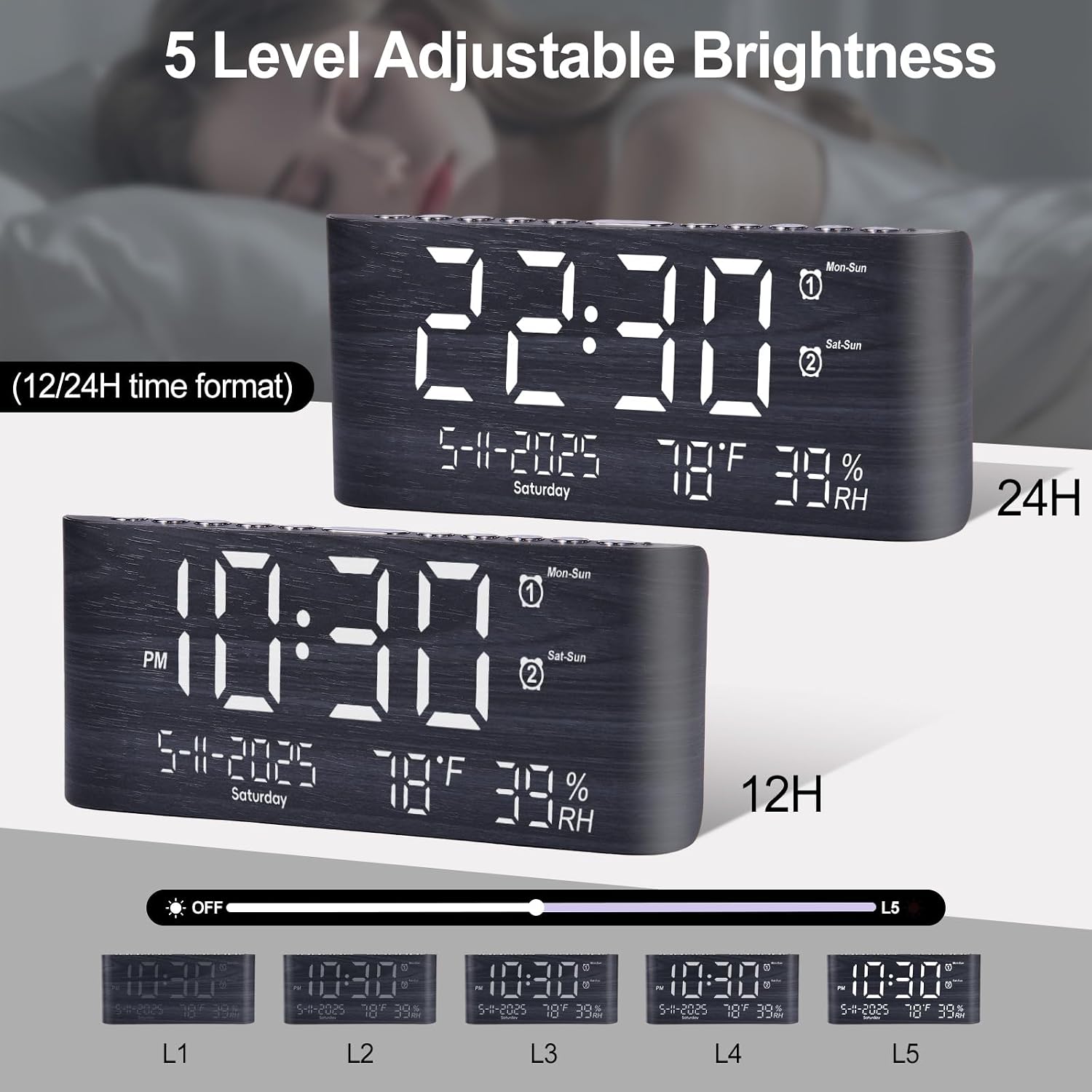 Pplee 8.7Inch Digital Alarm Clock For Bedroom-Digital Clock With Day Of Week Month Year Humidity & Temperature Brightness Snooze 2 Alarm Clock & 2 Usb Charger Desk Clock For Heavy Sleeper