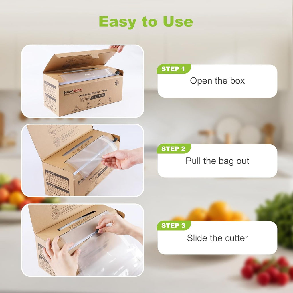 Bonsenkitchen 11” x 150’ Vacuum Sealer Bags Rolls with Cutter for Food Storage, Commercial Grade, BPA Free, Great for Meal Prep and Sous Vide Cooking