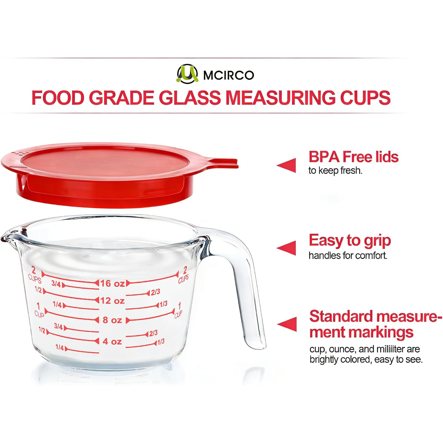 M Mcirco 6 Pcs Glass Measuring Cups With Lids Set, 1-Cup, 2-Cup, 4-Cup Measuring Jugs With Handle, Nesting Liquid Measuring Cups For Kitchen