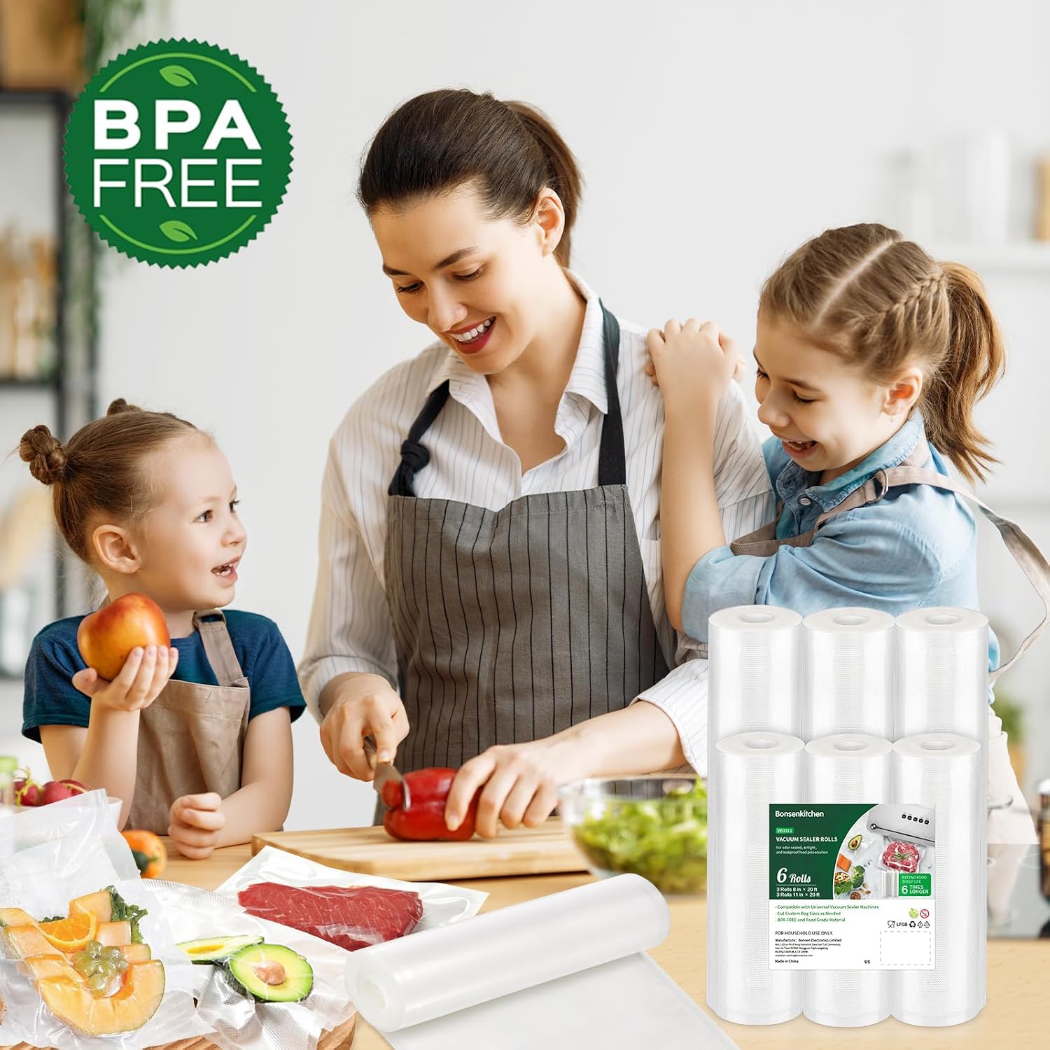 Bonsenkitchen Vacuum Sealer Rolls Bags, 3 Rolls 11"X 20'+ 3 Rolls 8"X 20' | 6 Pack, Commercial Grade, Durable, Bpa-Free, Custom-Size Vacuum Sealer Bags For Dry/Moist Food Storage And Sous Vide, Vb3211