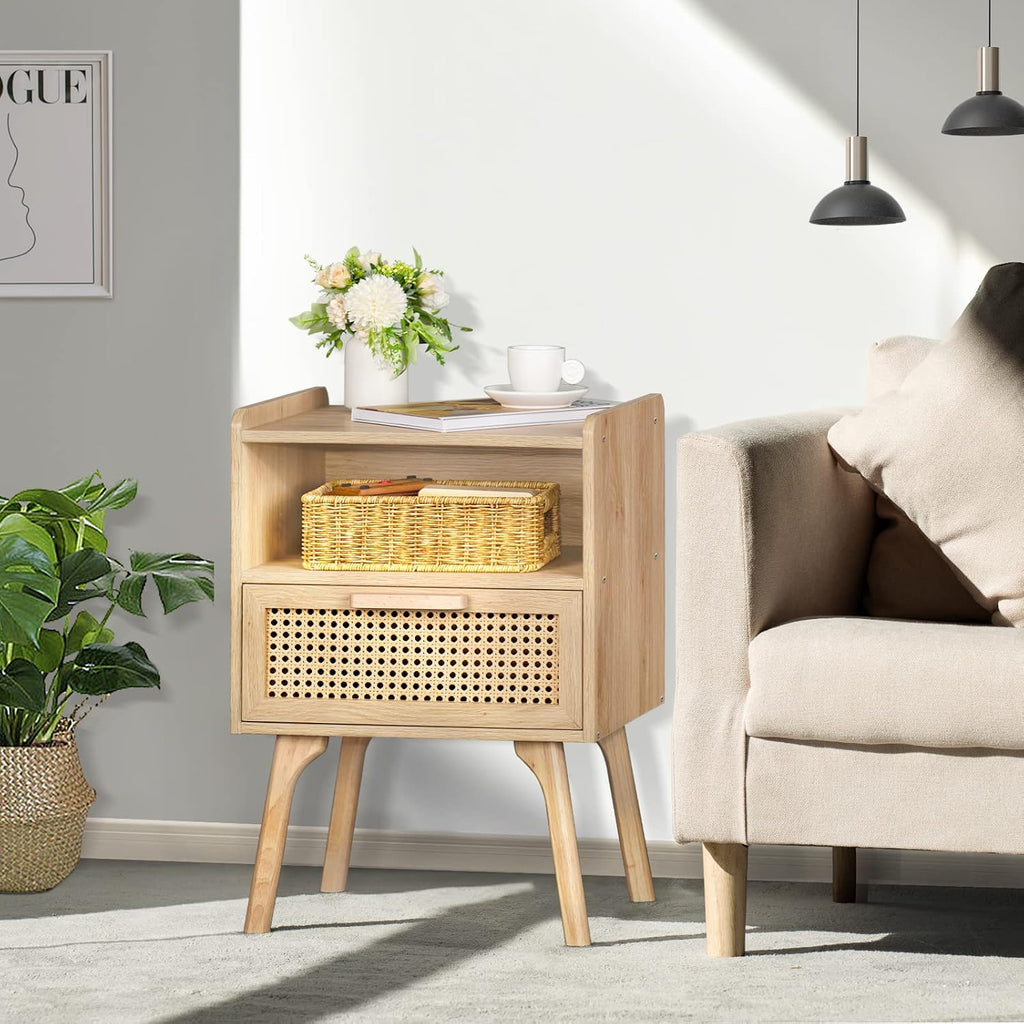 Lerliuo Rattan Nightstand, Boho Side Table With Drawer Open Shelf, Cane Accent Bedside End Table With Solid Wood Legs For Bedroom, Dorm And Small Spaces (Natural)