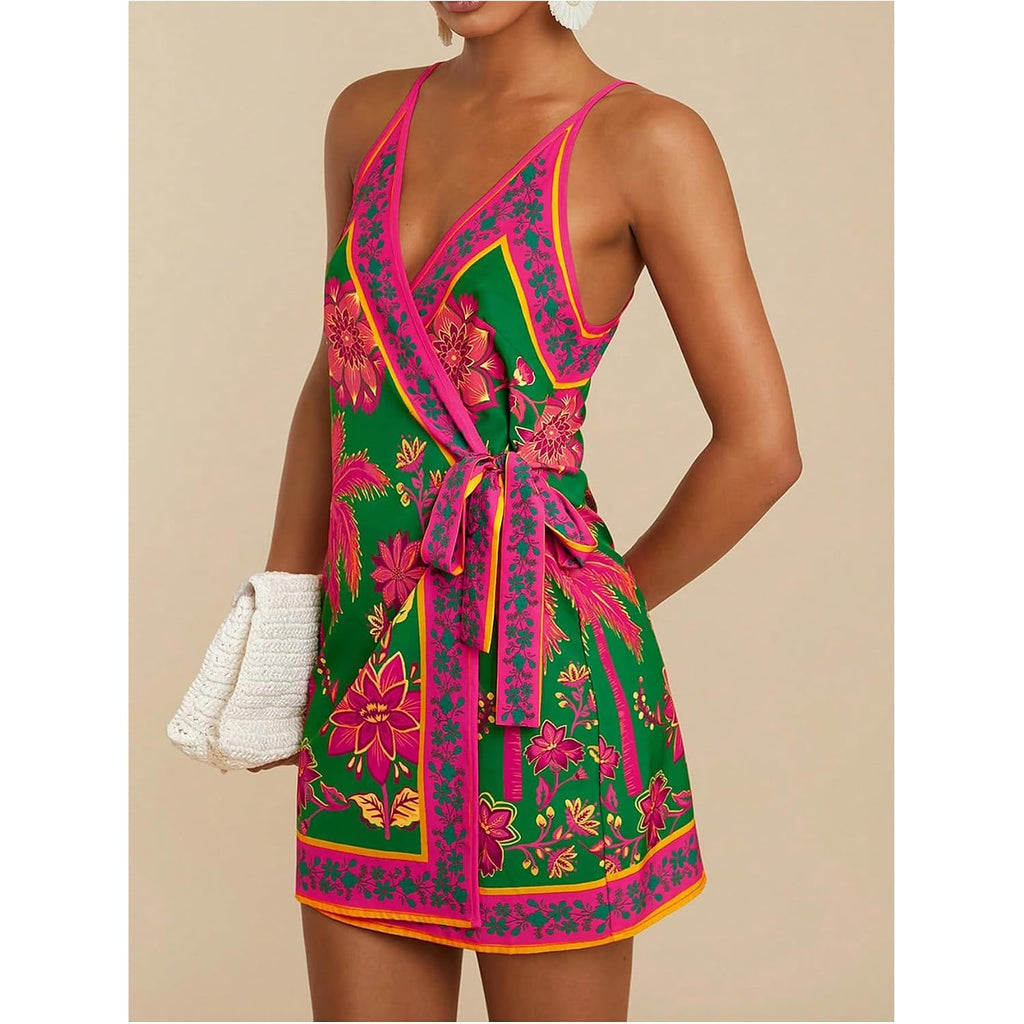 Roseseek Women'S Tropical Print Cami Dress Sleeveless Wrap V Neck Tie Knot Boho Short Dresses