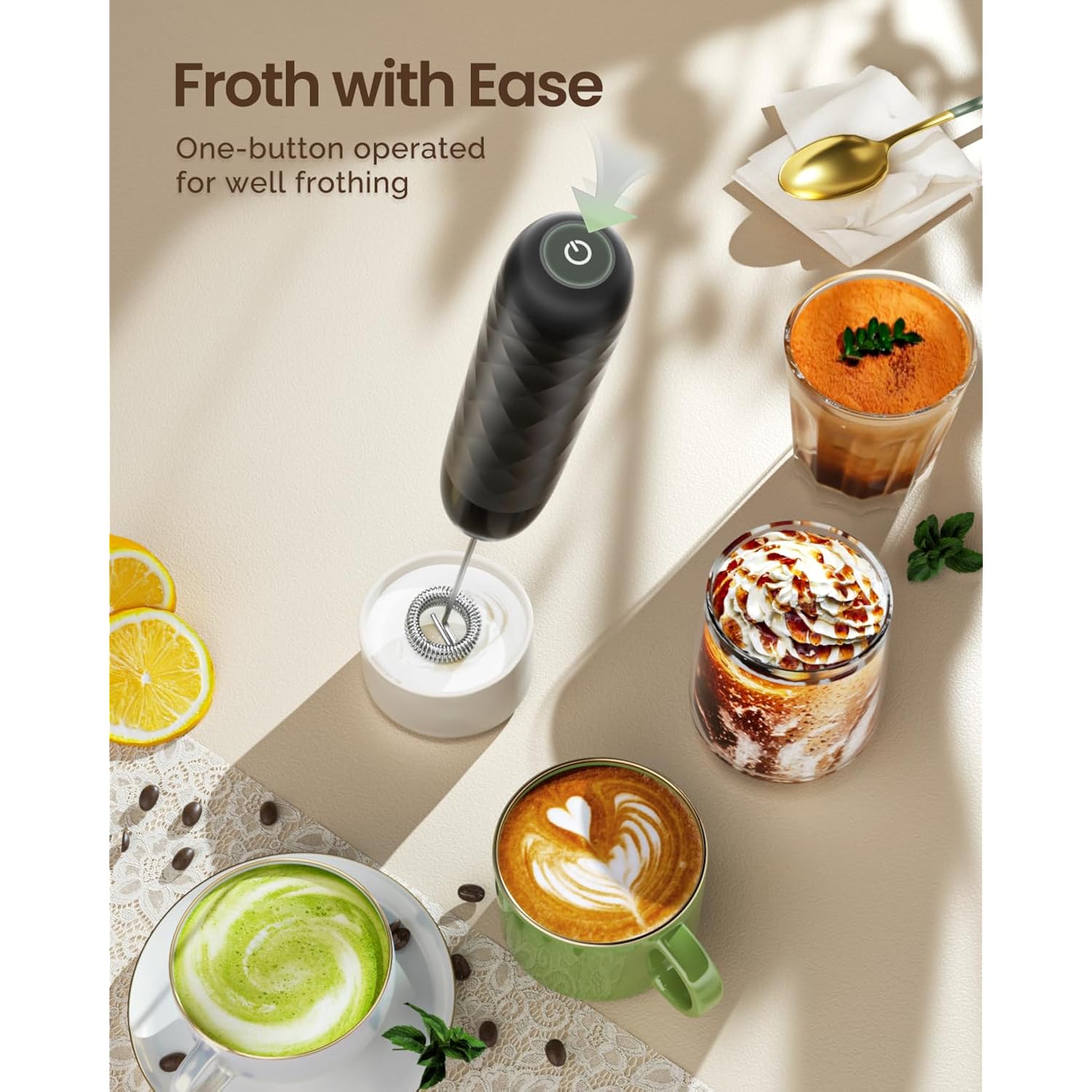 Maestri House Rechargeable Milk Frother, LunaFro Mini Handheld Electric Foam Maker Detachable Stainless Steel Whisk Drink Mixer Foamer Mini Blender for Matcha, Lattes, Cappuccino, No Stand