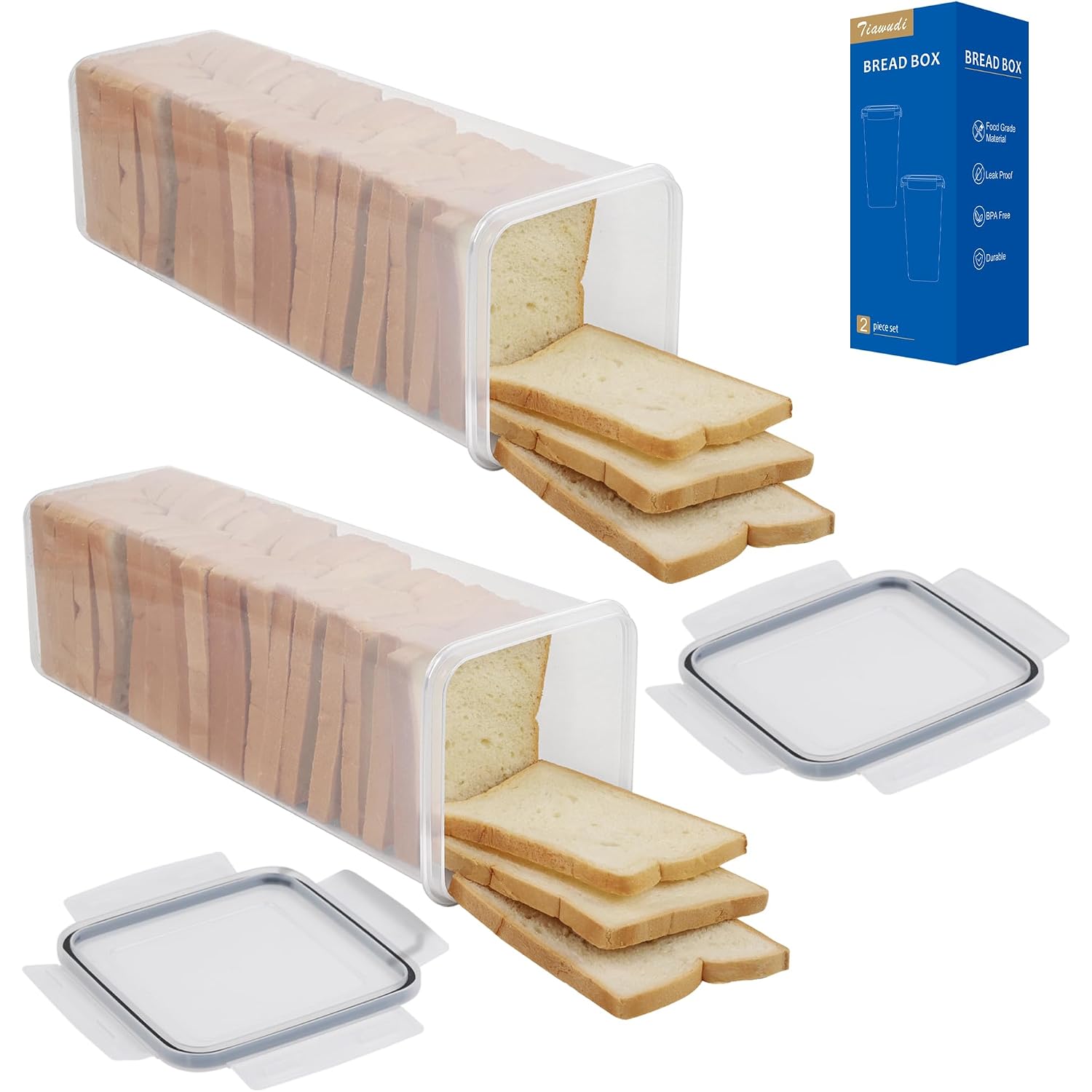 Tiawudi 2 Pack Bread Box, Plastic Bread Container, Bread Storage For Kitchen Counter, Bread Keeper With Airtight Lid, Tall Bread Saver, Sandwich Bread Holder, 5.6 Qt / 5.3L Each