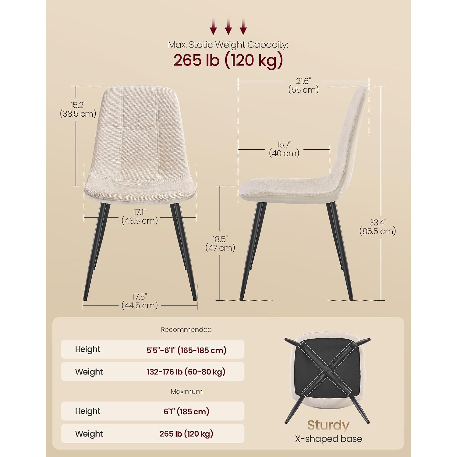 Vasagle Dining Chairs, Set Of 4 Dining Room Chairs, Metal Frame, Adjustable Feet, Easy To Clean, Chenille Fabric, Glacier-Textured Synthetic Leather, For Kitchen, Cream White Ukdc188W01