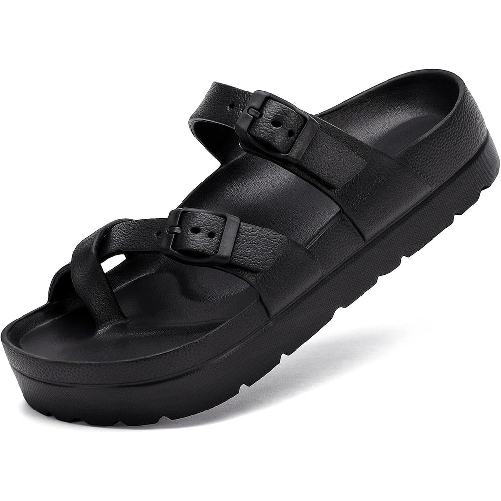 Womens Arch Support Platform Sandals Comfort Slides Thick Soles Flat Sandals With Adjustable Buckle & Ultra Cushion