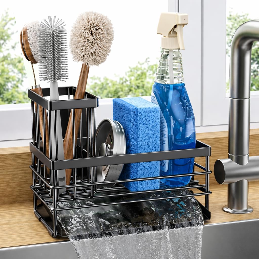 Sink Caddy Sponge Holder For Kitchen With Brush Holder And Stainless Steel Self Drain Tray, Rustproof Kitchen Sink Organizer For Sponge, Soap Dispenser Storage Accessories