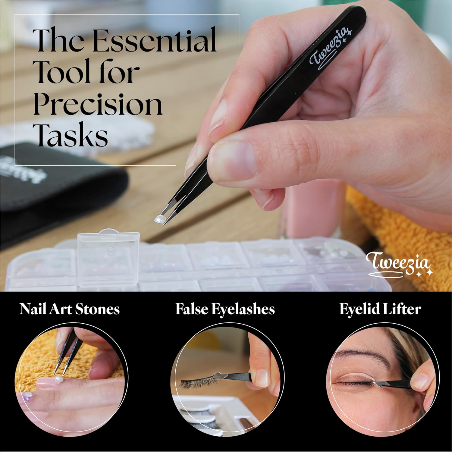 TWEEZIA Stainless Steel Tweezer Set - 4 Precision Tweezers with Mirror & Leather Case - Ideal Eyebrow Kit, Ingrown Hair Tweezers, Splinter Removal Kit or Pointed Tweezers for Beauty and Personal Care