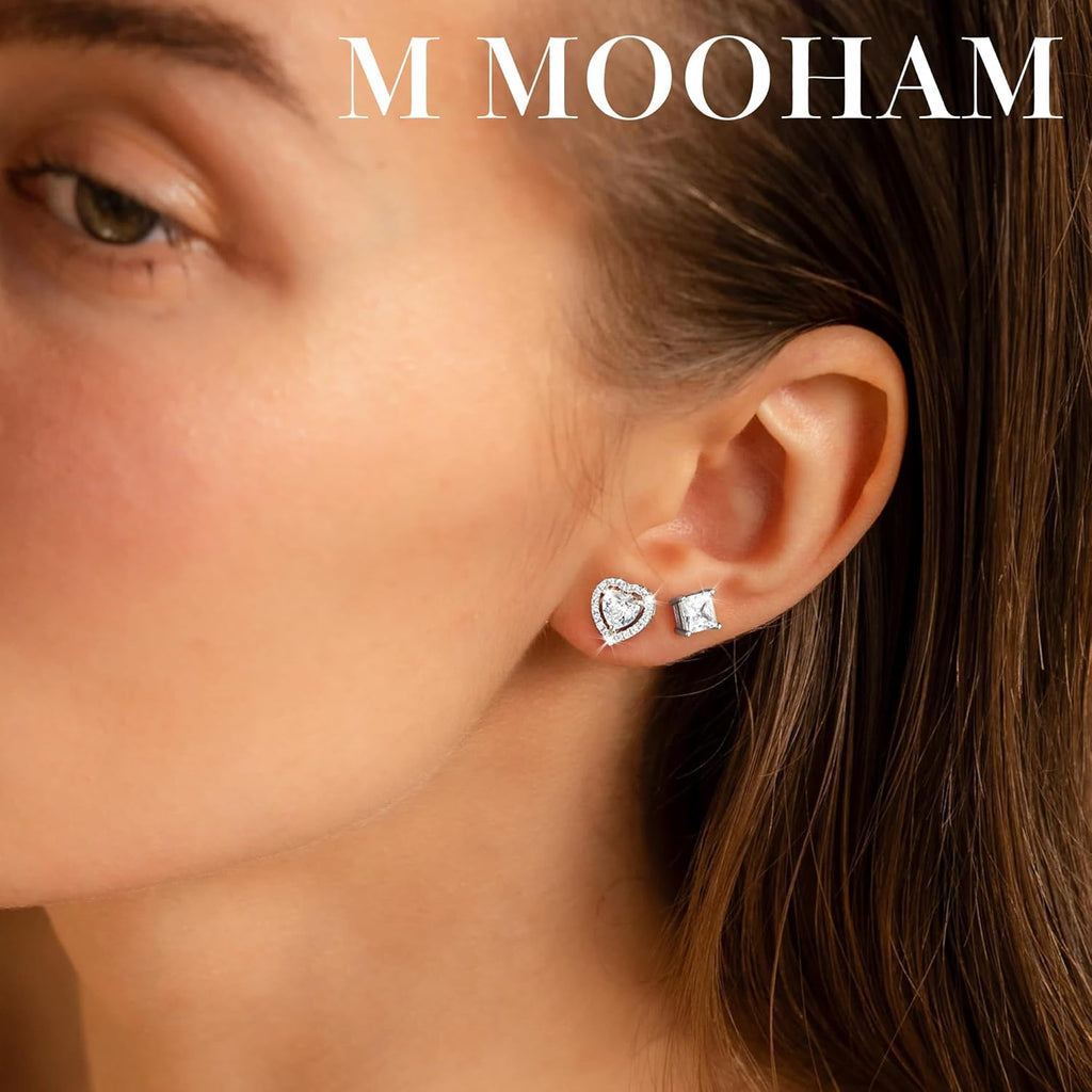 M MOOHAM 6 Pairs Hypoallergenic Flat Back Stud Earrings Set for Women - 14k Gold Plated Silver Studs CZ Earrings for Women Men Trendy Non Tarnish Earring Stack for Sensitive Ears Jewelry Gifts