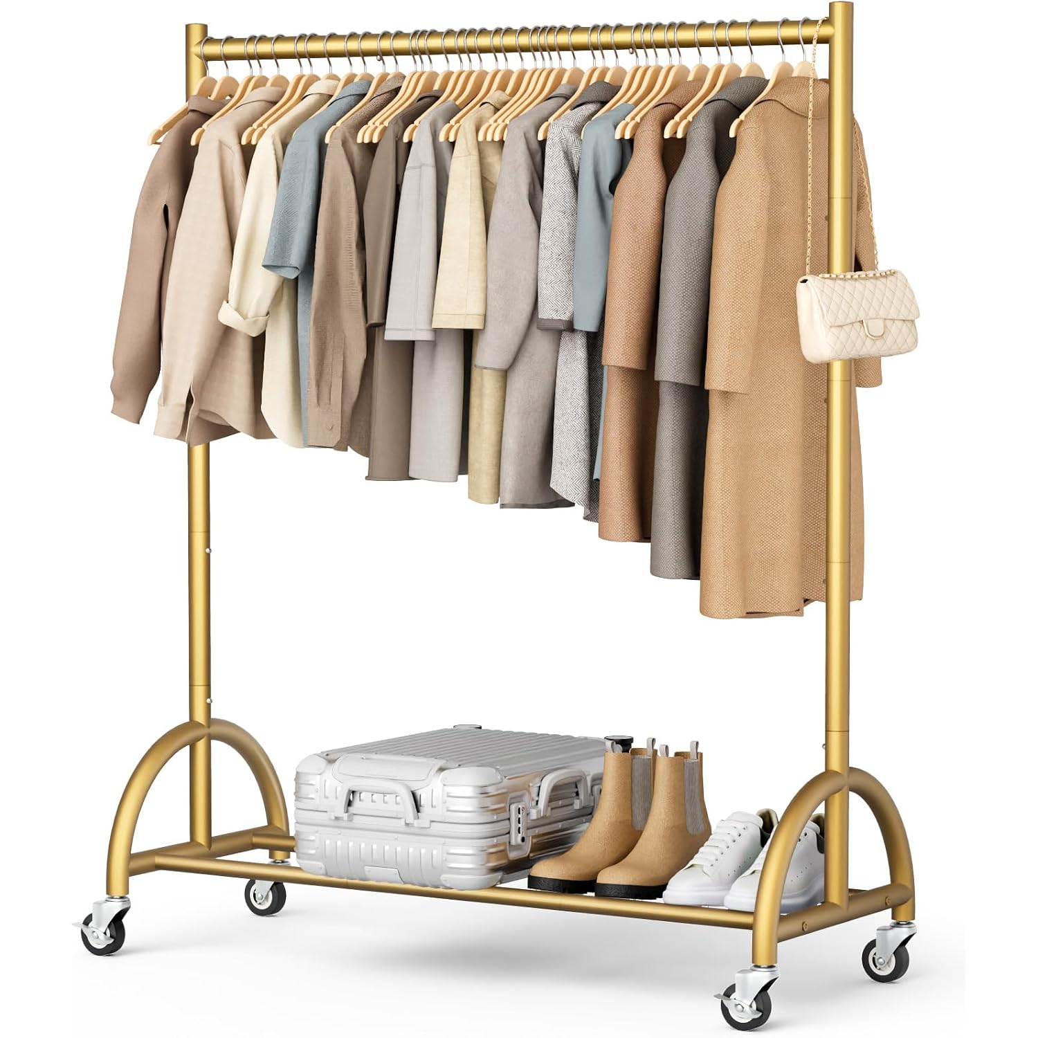 Misslo Heavy Duty Clothing Rack With Wheels Rolling Clothes Racks For Hanging Clothes, Coats, Garment, Dress, Gold
