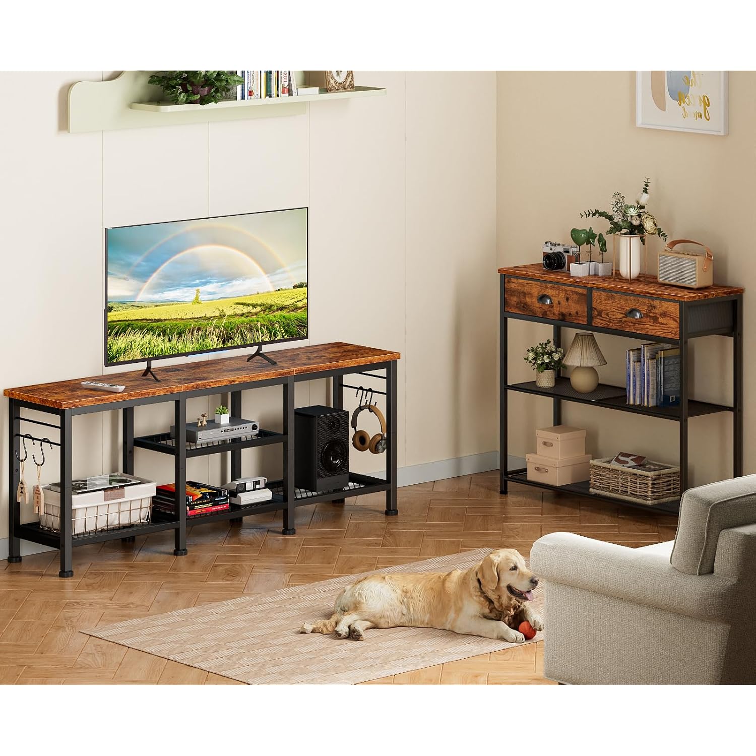 Furologee Tv Stand For Tvs Up To 55 Inch, Entertainment Center With Open Storage Shelves, Media Console Table With Soundbar Shelf For Living Room, Bedroom, Rustic Brown