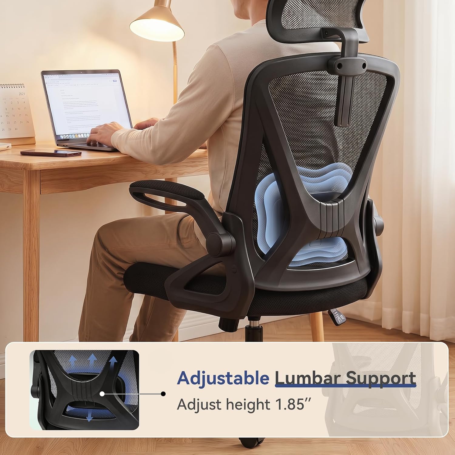 Mesh Office Chair With Adjustable Lumbar Support, Ergonomic High Back Desk Chair With Headrest, Swivel Rolling Computer Chair For Home Office (Black)