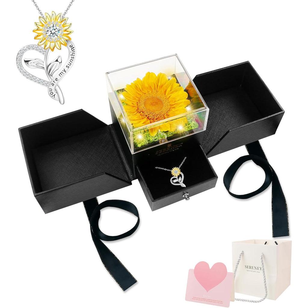 Sereney Preserved Sunflower Gifts for Women, Sunflower Necklace You are My Sunshine as Mothers Day Gift for Mom, Silver Necklace Anniversary Birthday Gifts for Wife Daughter Girlfriend