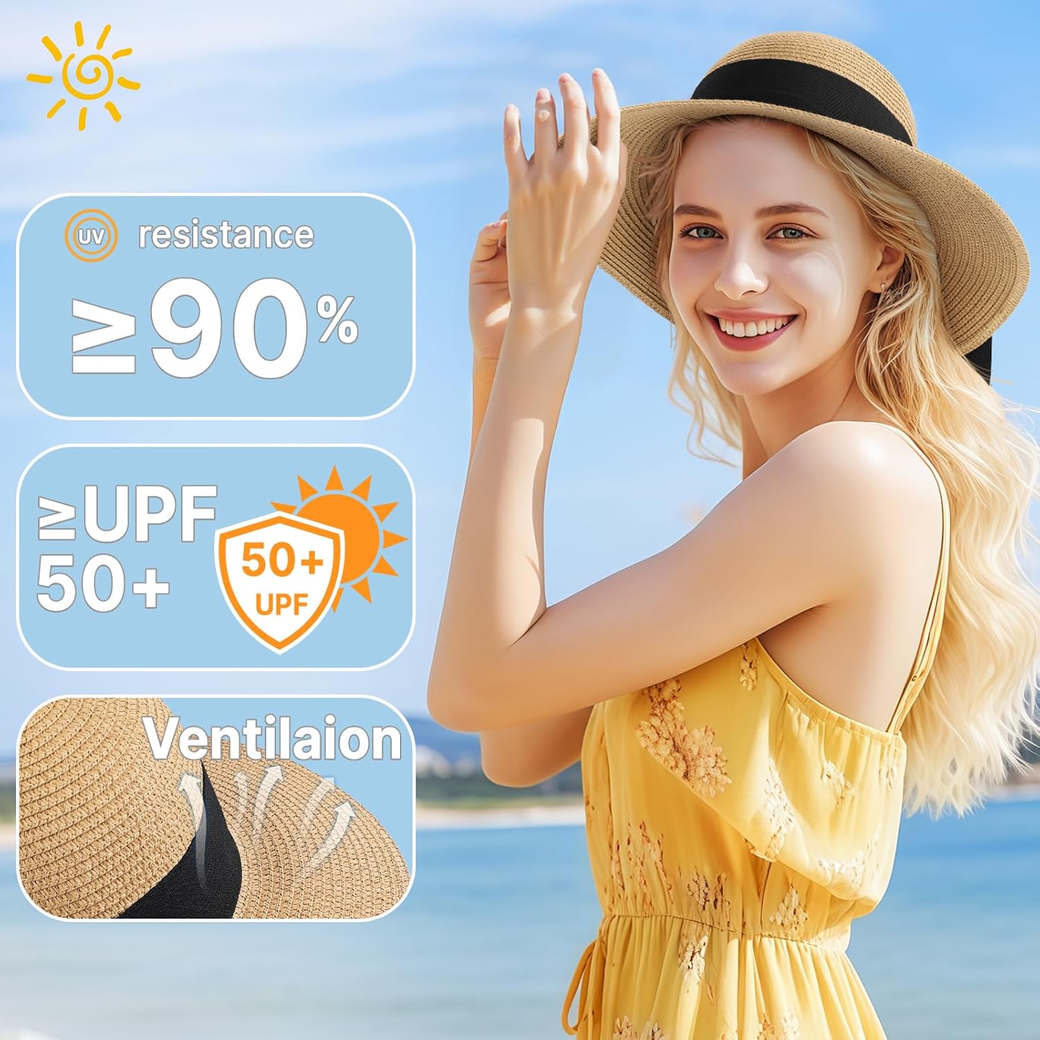 Beach Hats for Women, Sun Straw Hat for Women, UPF 50+ UV Sun Protection Sun Hat Womens, Foldable Floppy Sun Hat