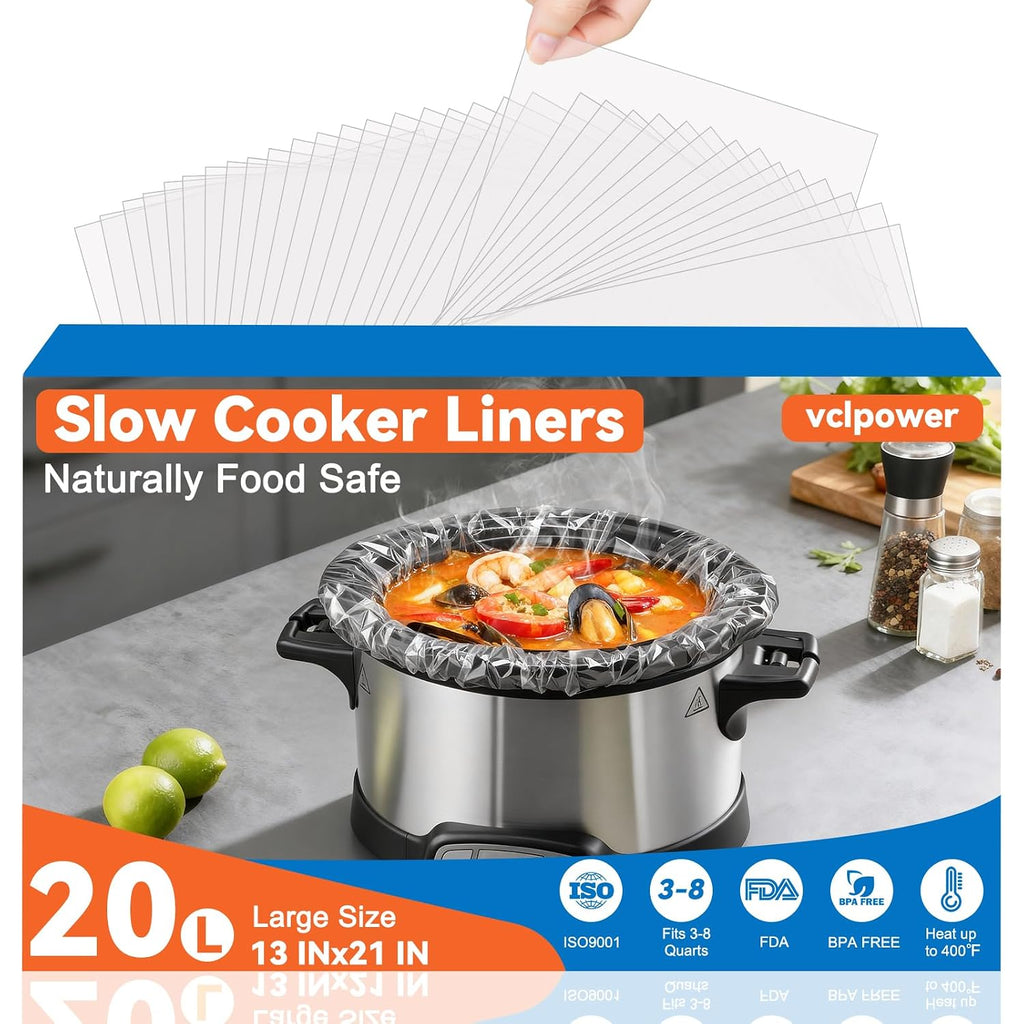 Vclpower 20 Pack Slow Cooker Liners,Large Size Thickened Fda-Compliant & Bpa-Free 13"X21"Disposable Cooking Bags, 400°F Heat-Resistant Leak-Proof Fit 3-8 Quart Oval & Round Pots