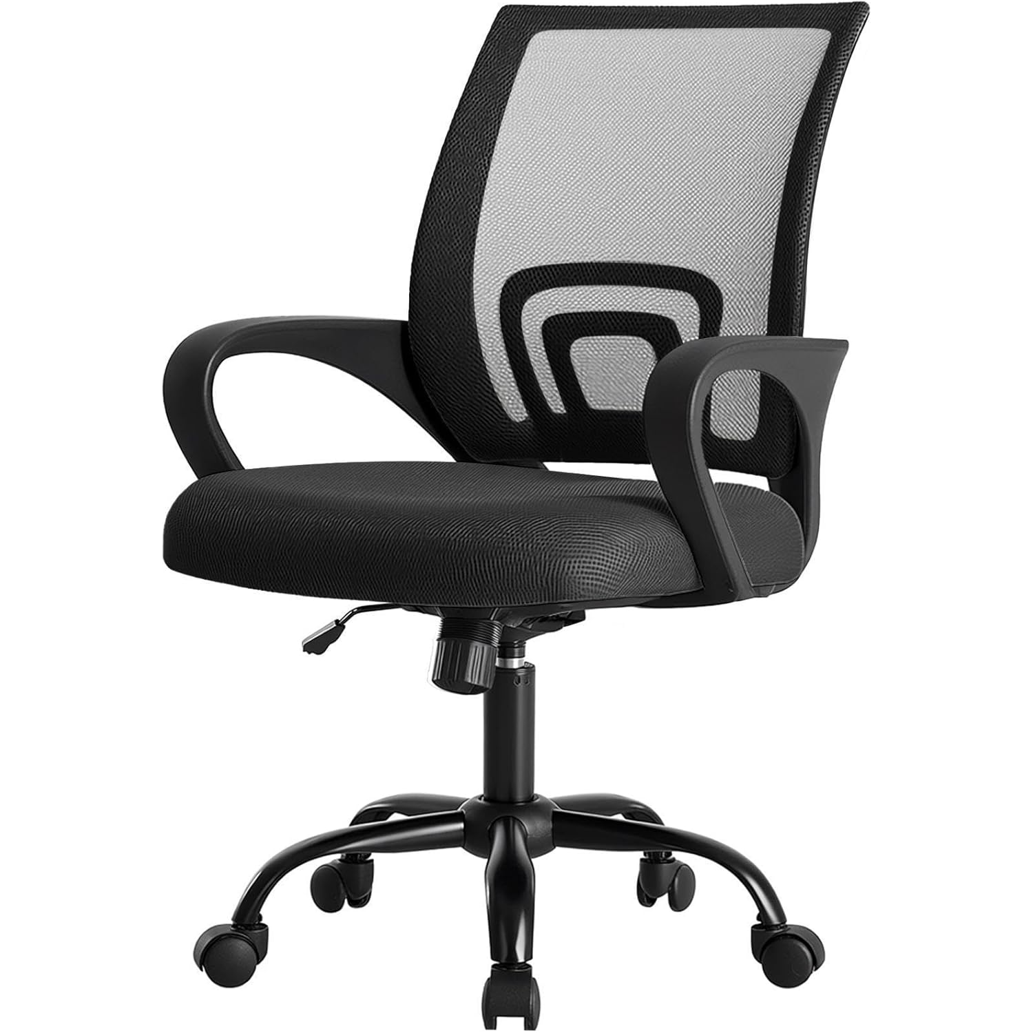 DUMOS Home Office Chair - Ergonomic Mid Back Mesh Desk Chair with Lumbar Support & Rocking Mode, Height Adjustable with Fixed Armrest, for Computer, Gaming, Meeting, 360° Swivel, Black