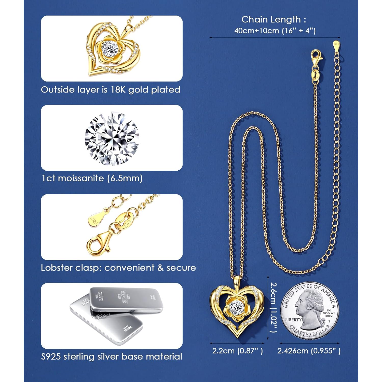 Beam & Bask Rose Flower Heart Moissanite Necklaces for Wife, S925 Silver Pendant for Women, 18K Gold Plated Jewelry for Her Girlfriend Mom for Anniversary Birthday