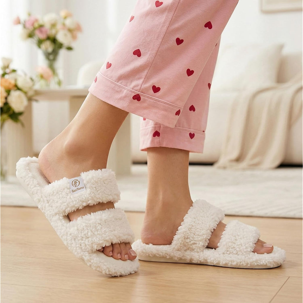Everfoams Women'S Fuzzy Open Toe Slippers Comfy Soft Memory Foam Indoor House Shoes