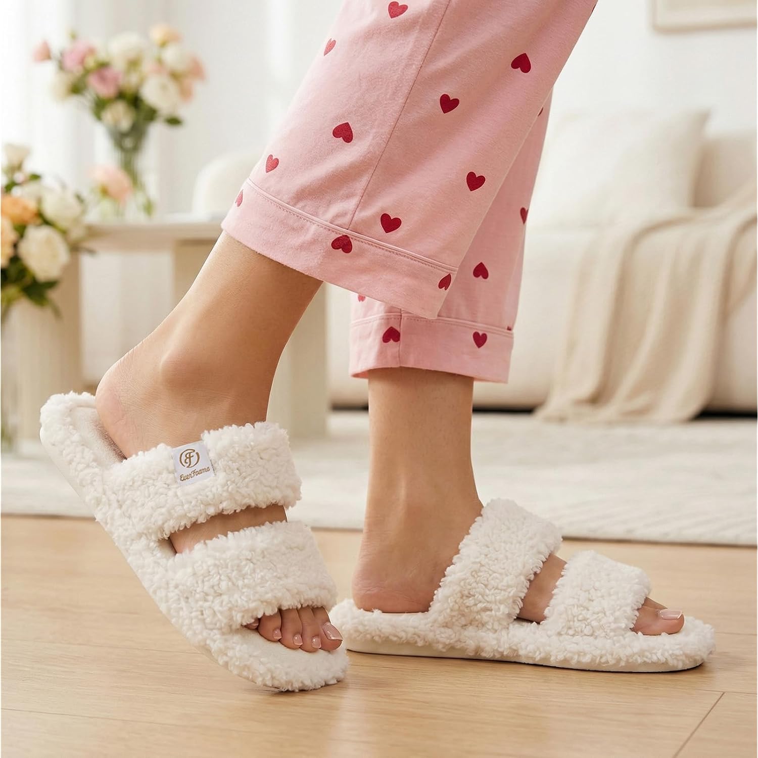 Everfoams Women'S Fuzzy Open Toe Slippers Comfy Soft Memory Foam Indoor House Shoes