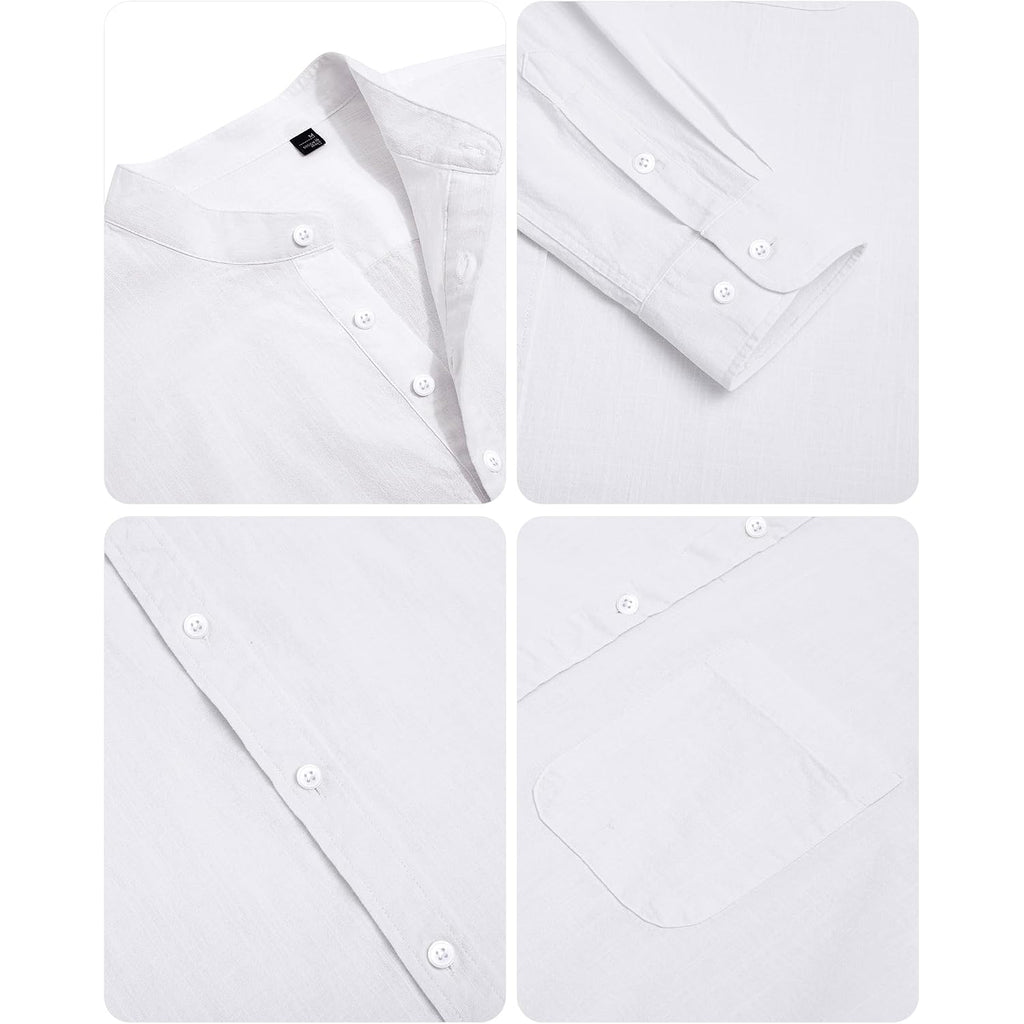 Alimens & Gentle Men'S Cotton Linen Shirts Long Sleeve Button Down Shirt Band Collar Beach Shirts
