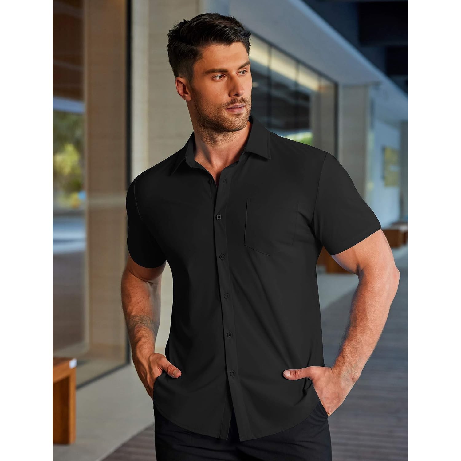 Coofandy Men'S Muscle Fit Dress Shirts Stretch Wrinkle-Free Short Sleeve Casual Button Down Shirts