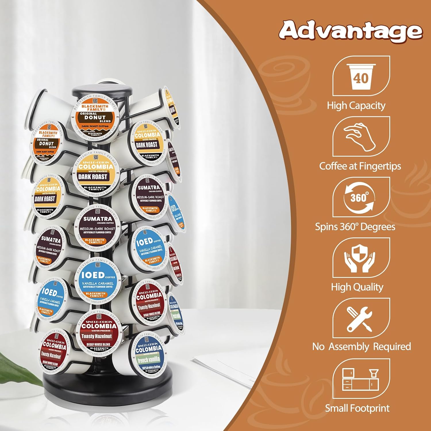 Blacksmith Family K Cup Holders,K Cup Holder, K Cups Holder,K Cup Carousel, Coffee Pods Holder Storage Organizer Stand,No Assembly Required,Black (Capacity Of 40 Pods, Black)