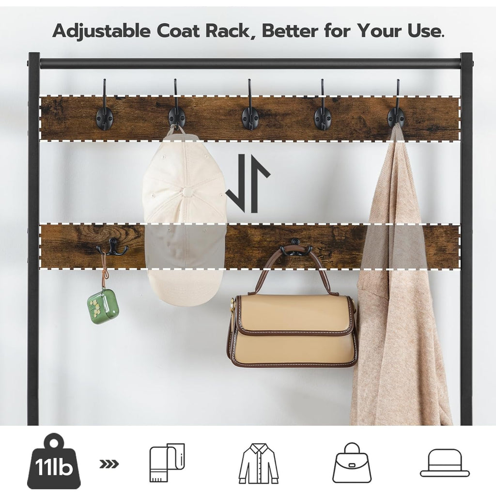 HOOBRO Hall Tree, Coat Rack with Shoe Rack, Hall Tree with Bench, 5 Tier Shoe Storage Organizer with 9 Hooks for Entryway, Closet, Sturdy, Industrial, Rustic Brown and Black BF80MT01G2