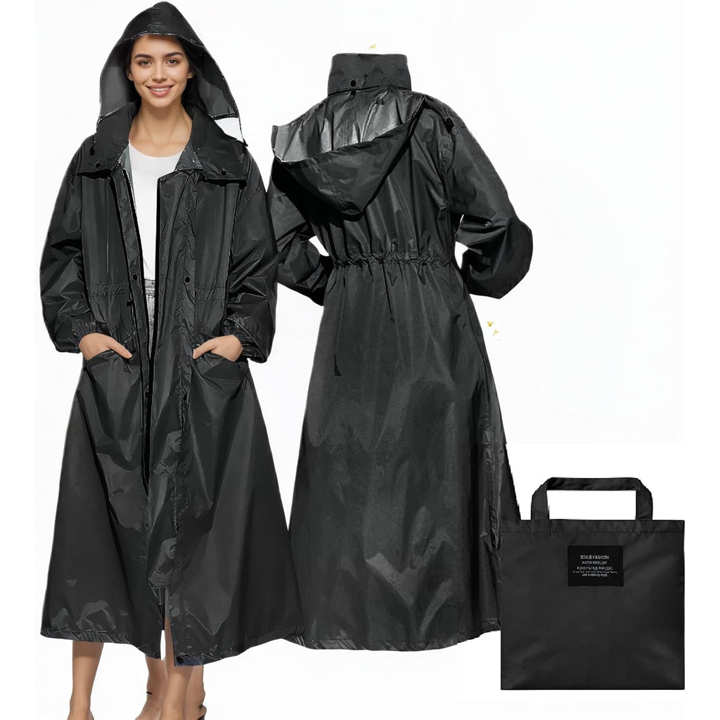Lama Womens Long Raincoats Rain Jacket Waterproof Packable Hooded Windbreaker Lightweight Adjustable Waist For Outdoor