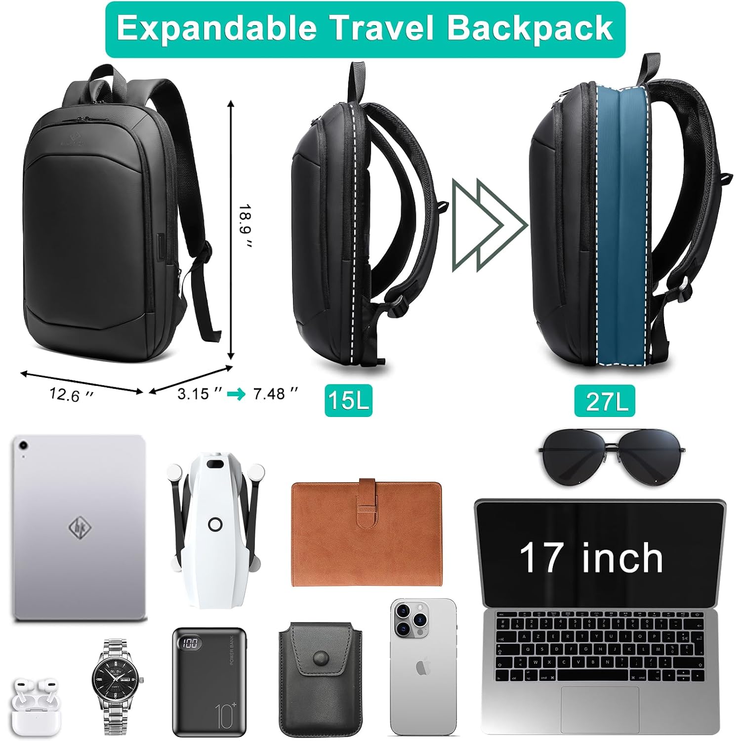 Hk Business Backpack For Men,Slim & Expandable Backpack For 17 Inch Laptop | Waterproof Travel Backpacks With Usb Charger,Anti-Theft Lightweight Large Work Computer Bag,College Backpack For Men Women