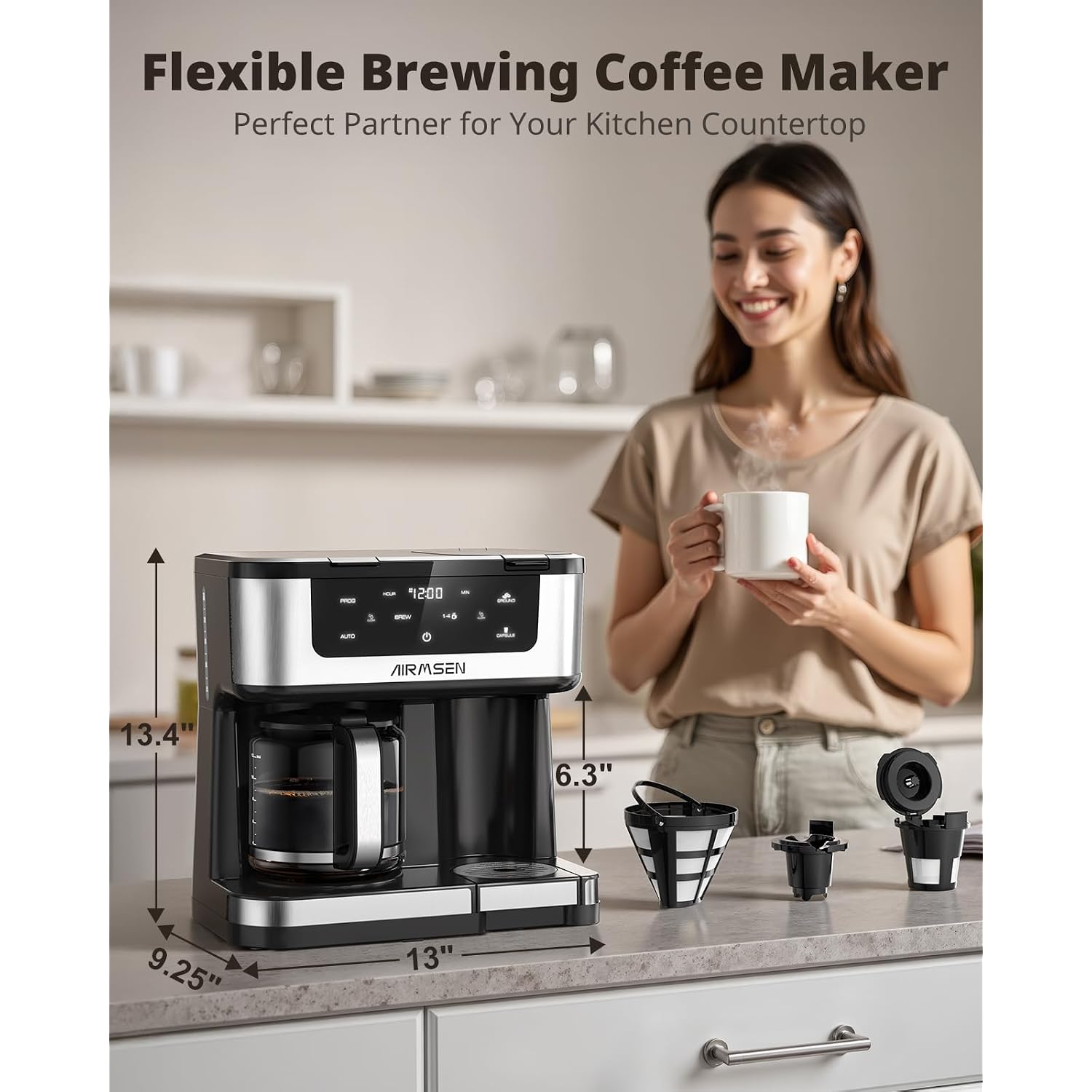 Airmsen 12-Cup Programmable Dual Coffee Maker – Single Serve Machine For K-Cup Pods & Ground, 1000W Fast Brew, Delay Start, 2H Keep Warm, Touchscreen, 60Oz Tank, Glass Carafe – Home & Office