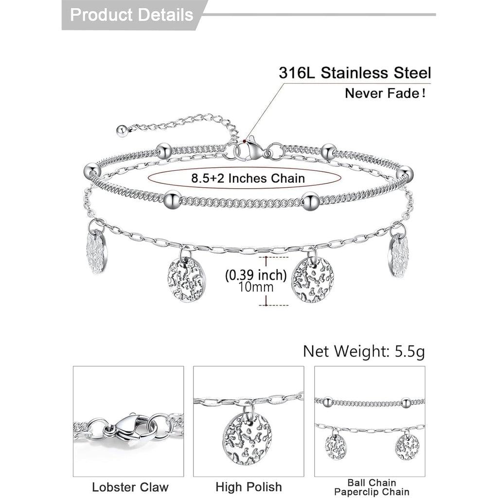 U7 Silver/Gold Ankle Bracelets for Women Layered Chain Anklets Stainless Steel Waterproof Summer Beach Anklet Charm, Adjustable 8.5"-10.5"