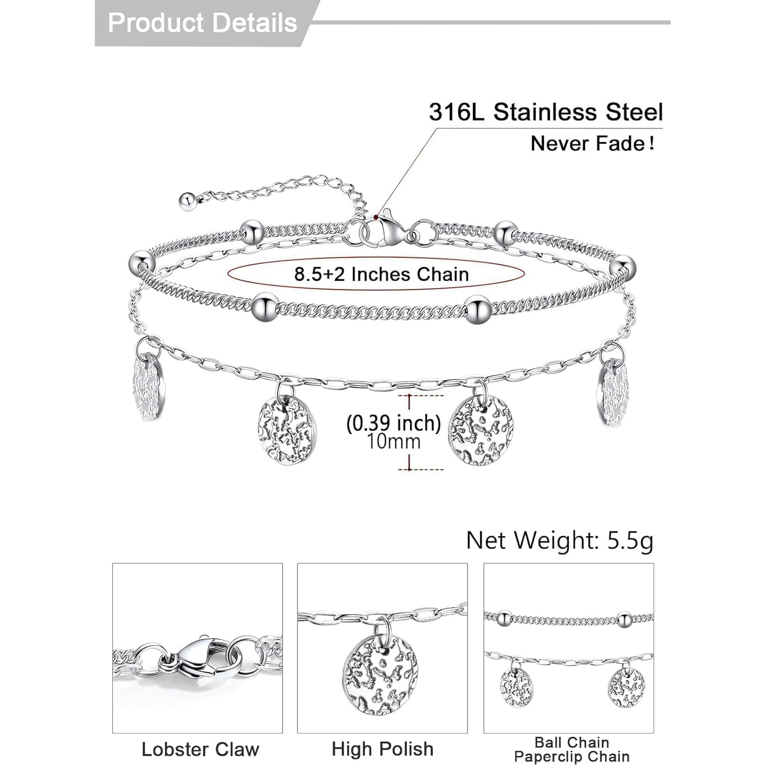 U7 Silver/Gold Ankle Bracelets for Women Layered Chain Anklets Stainless Steel Waterproof Summer Beach Anklet Charm, Adjustable 8.5"-10.5"
