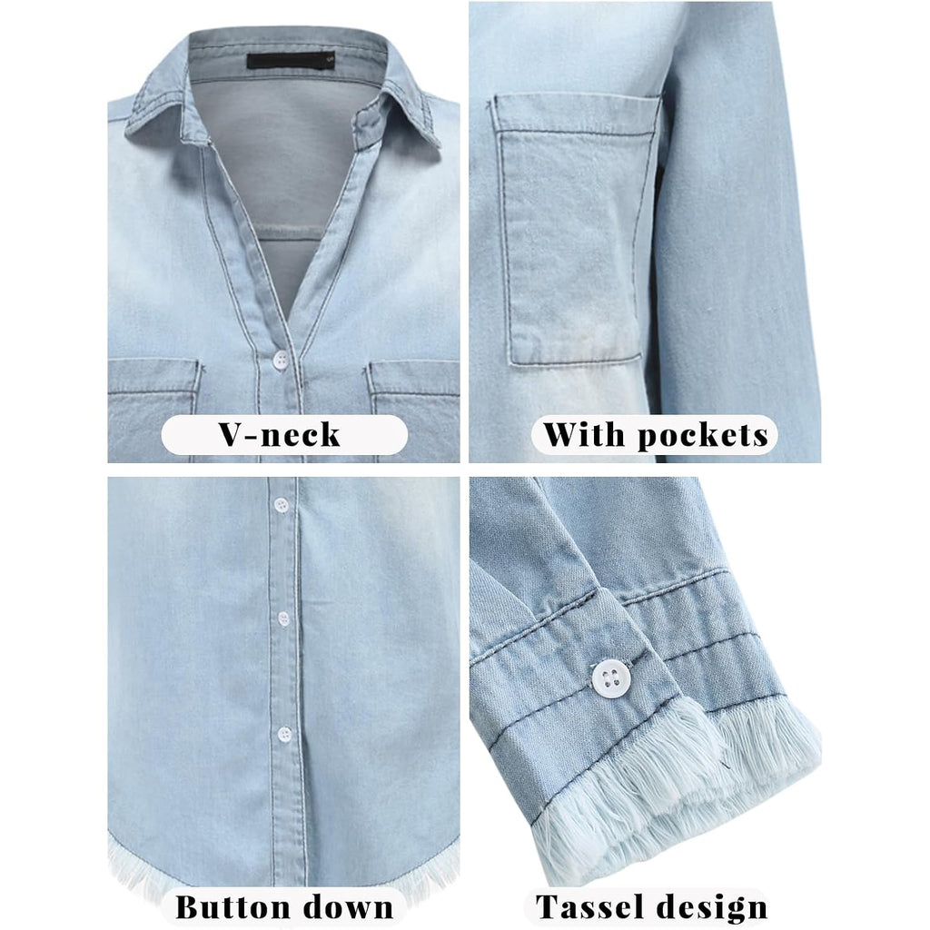 Zilcremo Women Denim Shirt Dresses Long Sleeve Distressed Jean Dress Button Down Casual Tunic Top