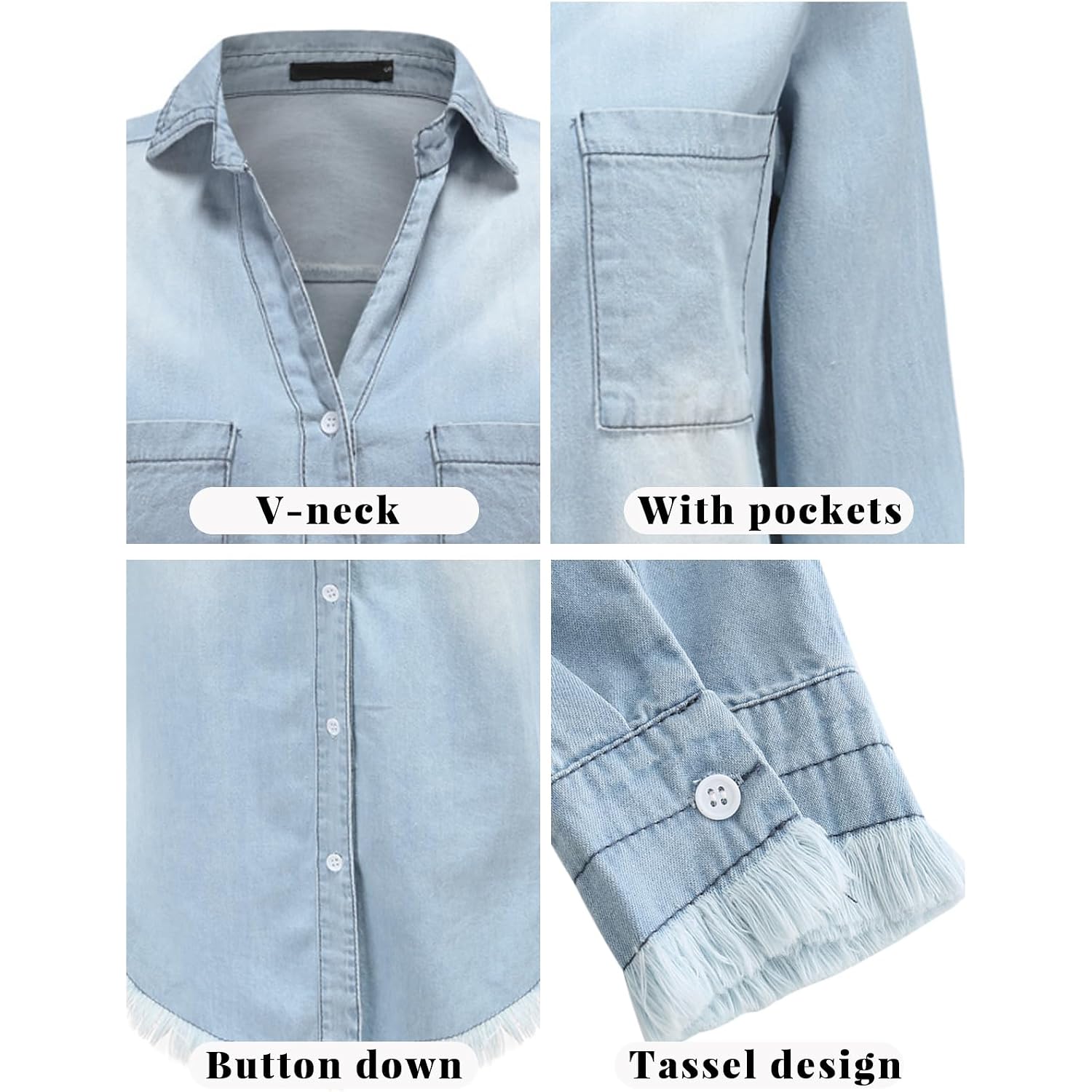 Zilcremo Women Denim Shirt Dresses Long Sleeve Distressed Jean Dress Button Down Casual Tunic Top