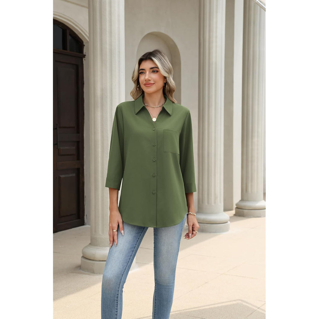 Zeagoo Button Down Shirts For Women 3/4 Length Sleeve Work Tops V Neck Shirts Dressy Casual Business Blouses With Pocket