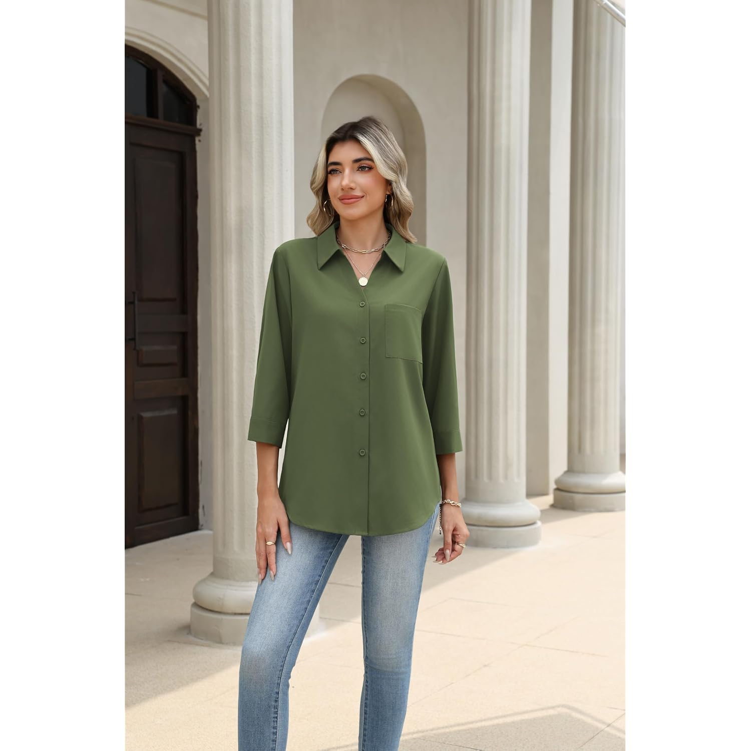 Zeagoo Button Down Shirts For Women 3/4 Length Sleeve Work Tops V Neck Shirts Dressy Casual Business Blouses With Pocket