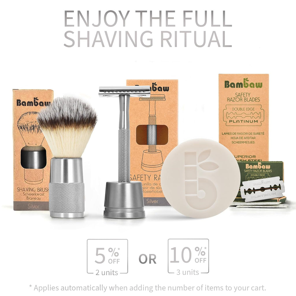Bambaw Double Edge Safety Razor for Men & Women, Metal Razor with 5 Double Edge Safety Razor Blades, Eco-Friendly Razor – Silver
