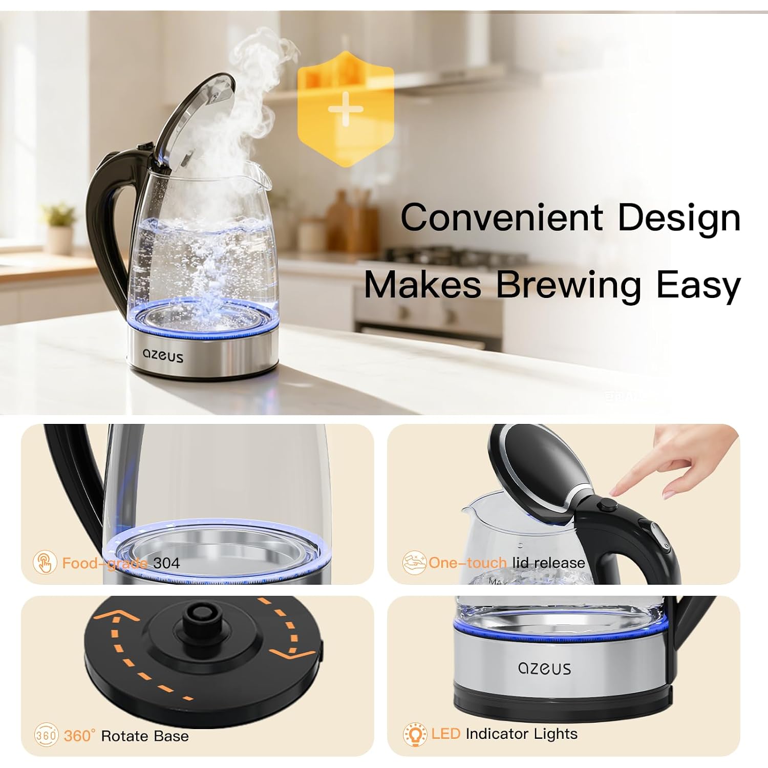 Azeus Electric Kettle 1800W Cool Touch Tea Kettle Anti-Scalding Design 1.8L Large Capacity Kettle Bpa-Free, White