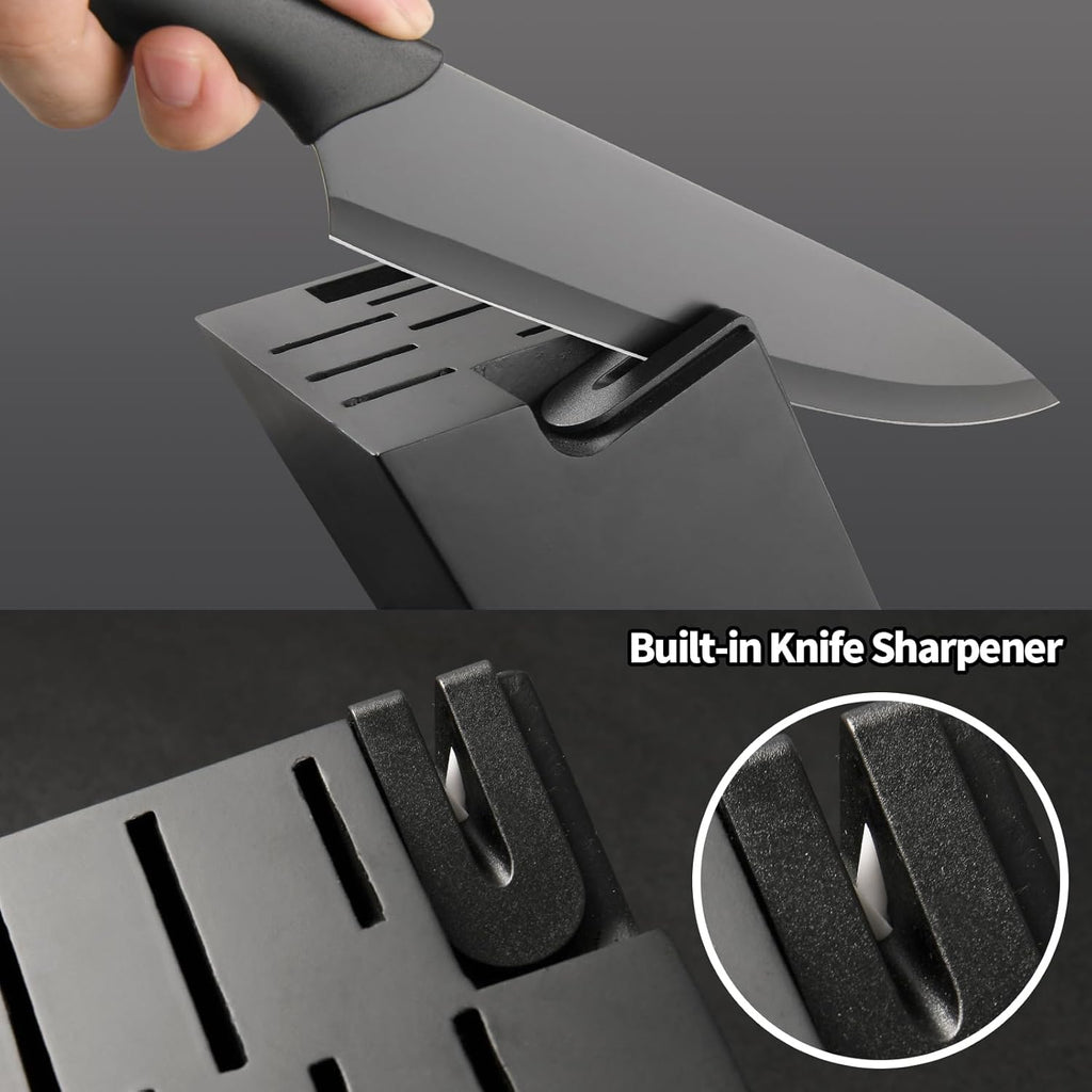 16 Piece Kitchen Knife Set with Block & Cutting Board, German Stainless Steel Knife Set with Heat-Sealed Over-molded Handles, Dishwasher Safe & Anti-Flaking Non-Stick Coating, Black