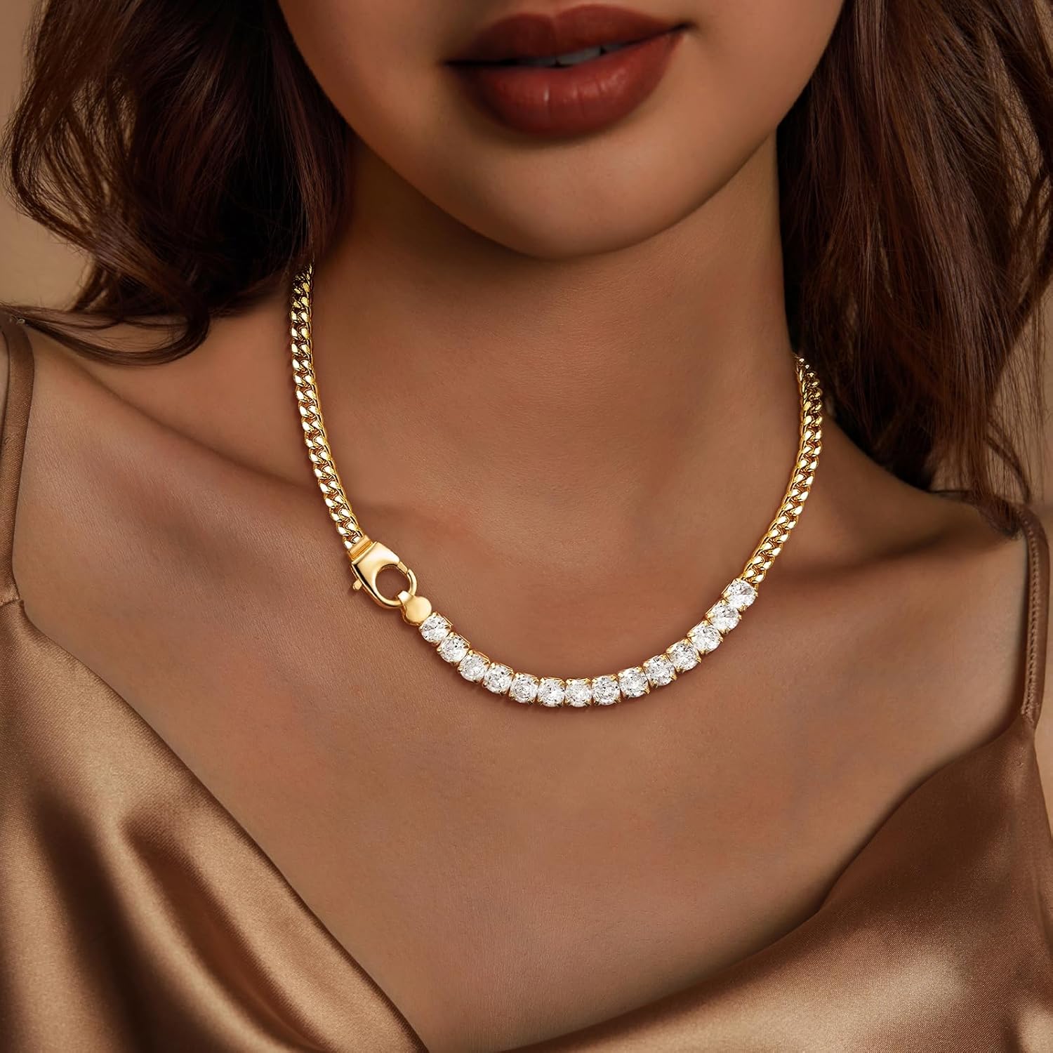 IMBOS 14K Gold Plated Chunky Chain Choker Necklaces for Women Chunky Gold Necklace Tennis Necklace for Women CZ Love Chain Cuban Link Choker Jewelry Gifts