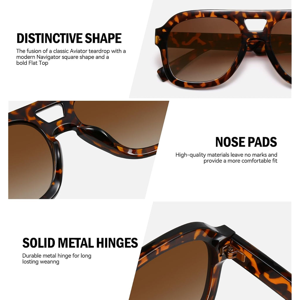 Oversized Flat Top Sunglasses For Women Men, Retro 70S Chunky Aviator Style With Double Bridge, Trendy Square Shades